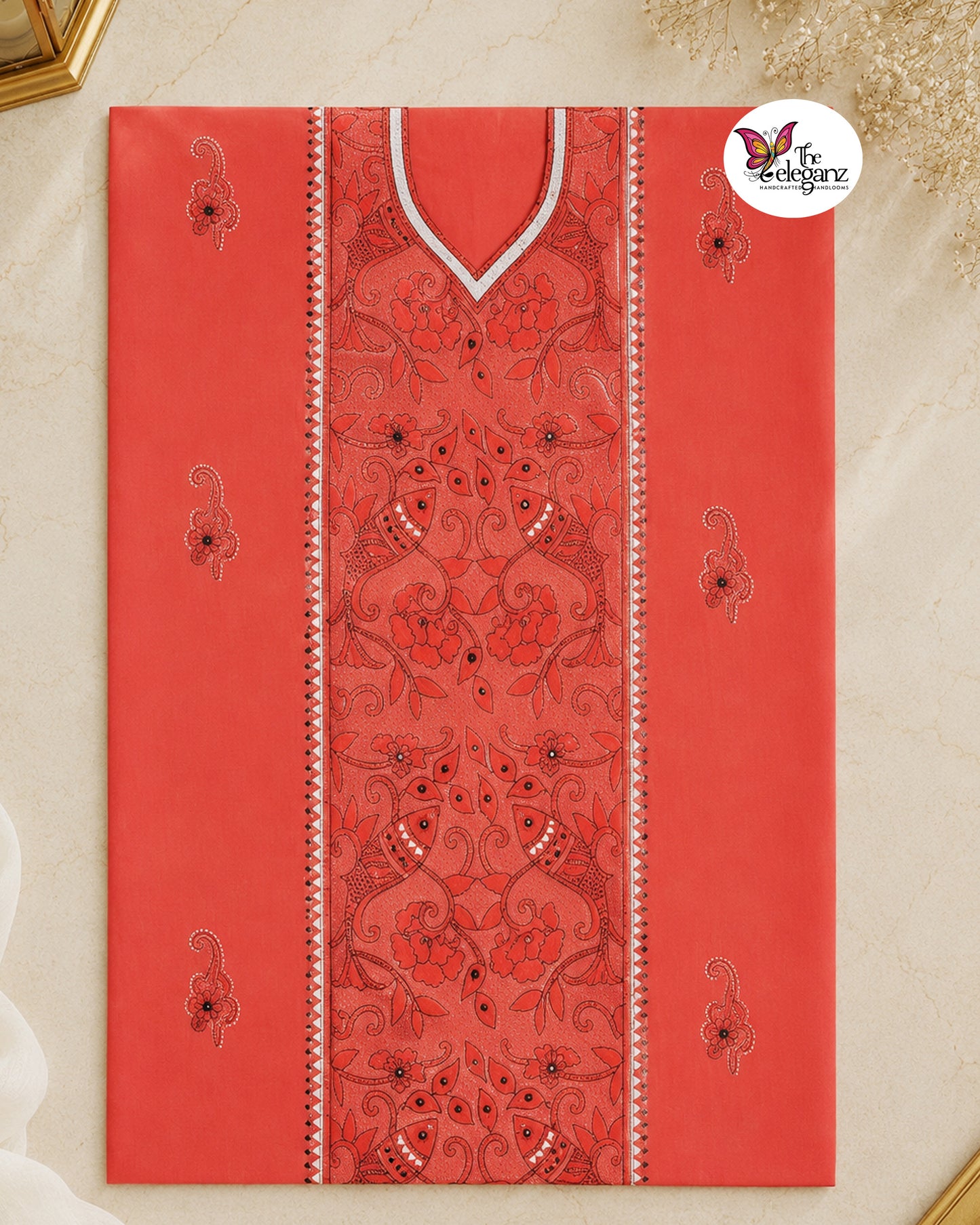 Mrinmayee – Tomato Red Reverse Kantha Fish Motif Cotton Kurti Piece