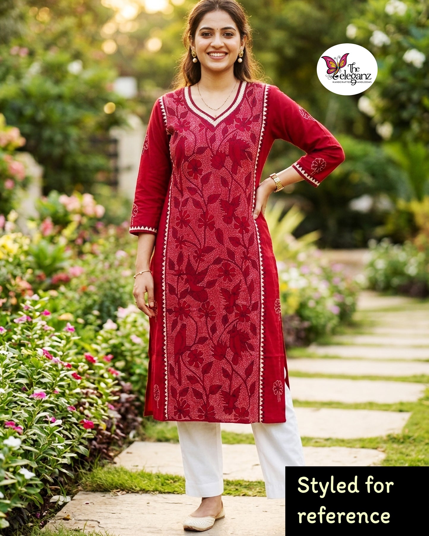 Shyamoli – Maroon Reverse Kantha Bird Motif Cotton Kurti Piece