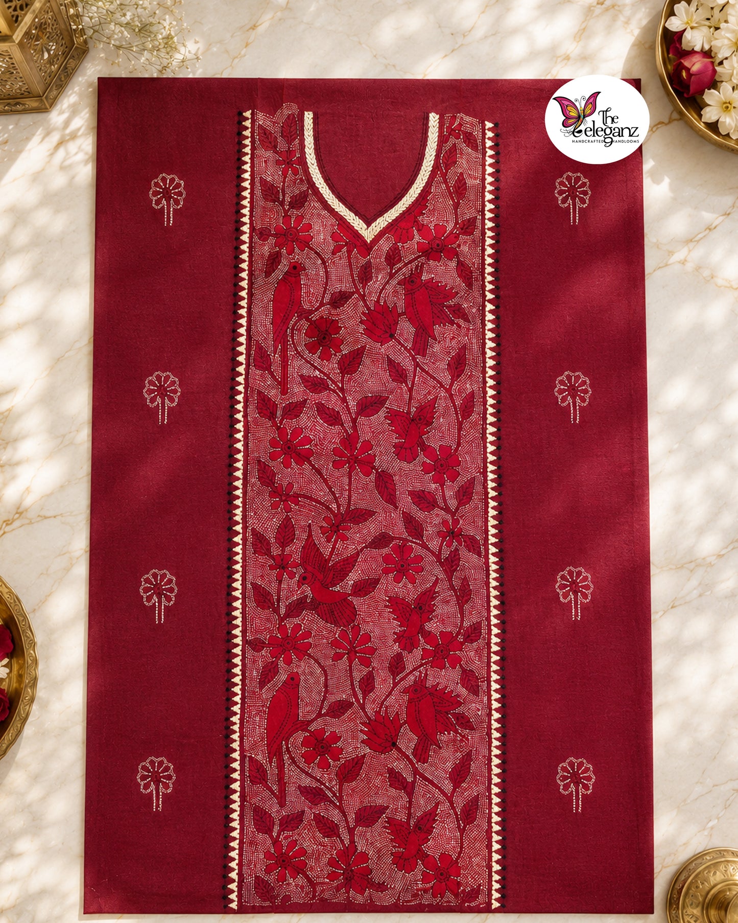 Shyamoli – Maroon Reverse Kantha Bird Motif Cotton Kurti Piece