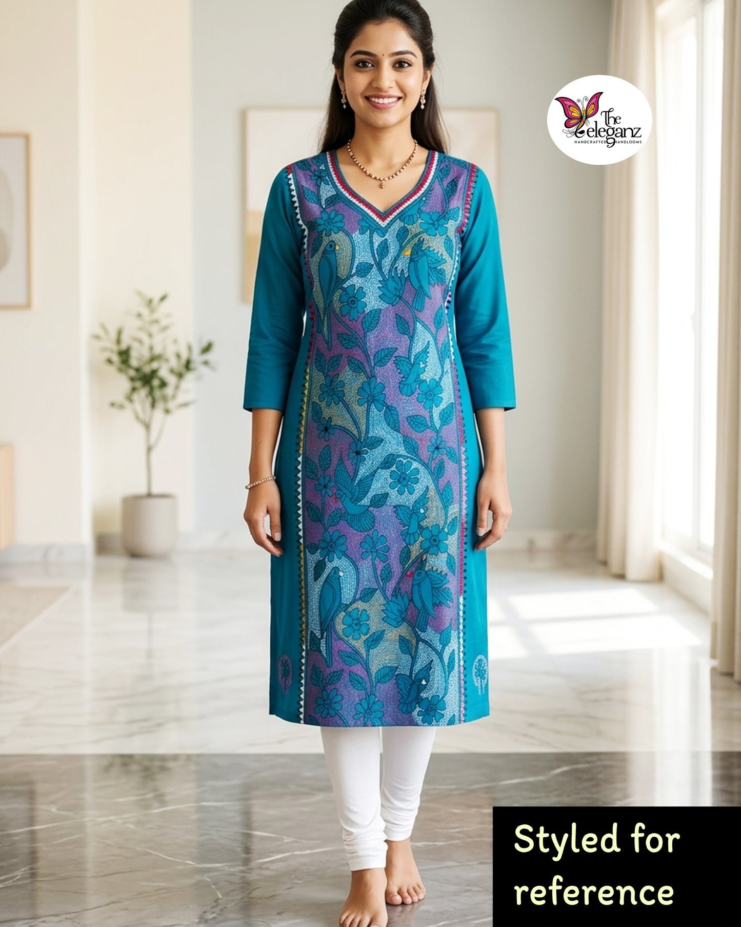 Neelanjana – Teal Blue Reverse Kantha Bird Motif Cotton Kurti Piece