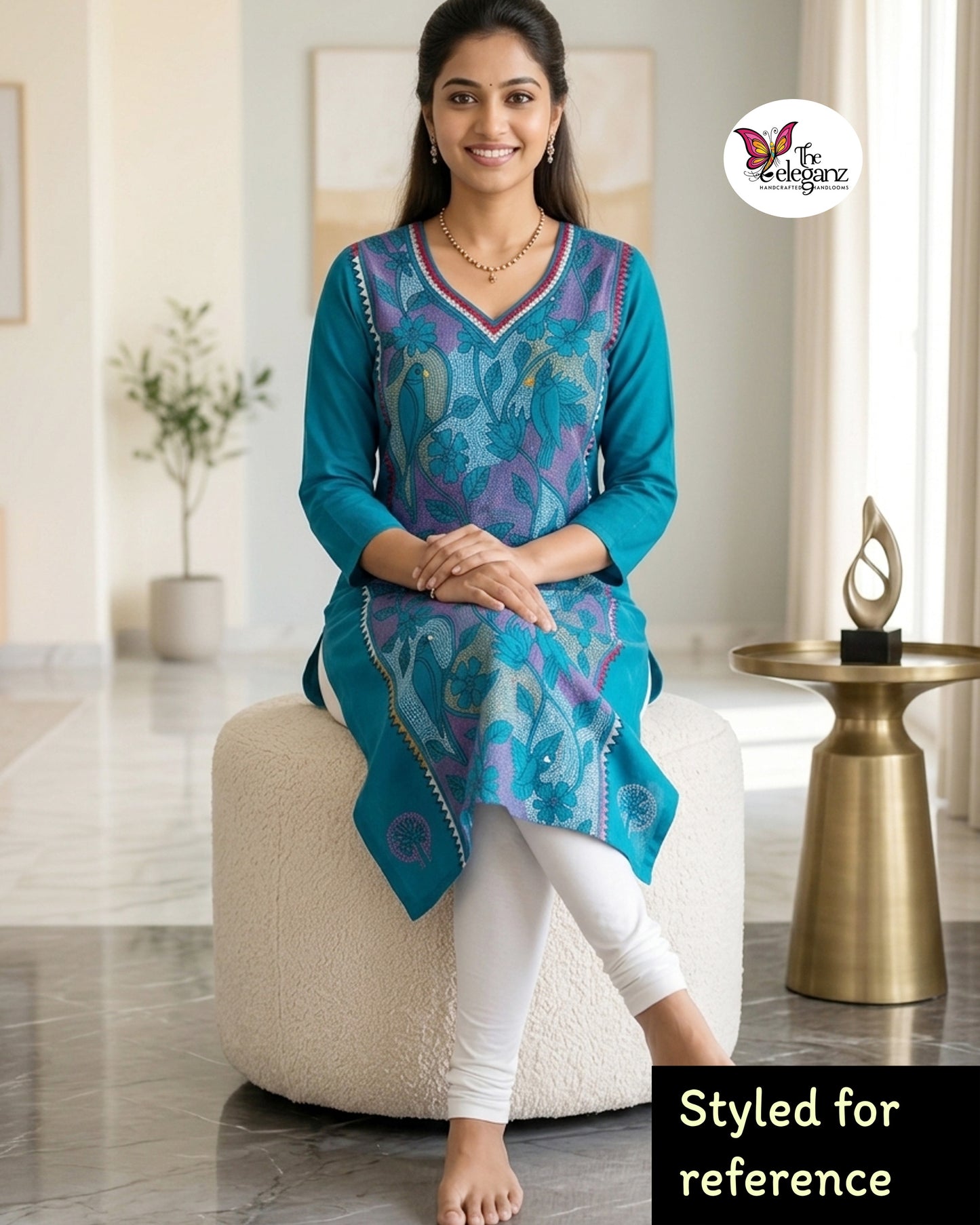 Neelanjana – Teal Blue Reverse Kantha Bird Motif Cotton Kurti Piece
