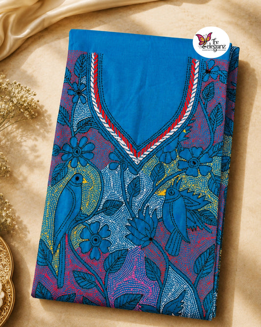 Neelanjana – Teal Blue Reverse Kantha Bird Motif Cotton Kurti Piece