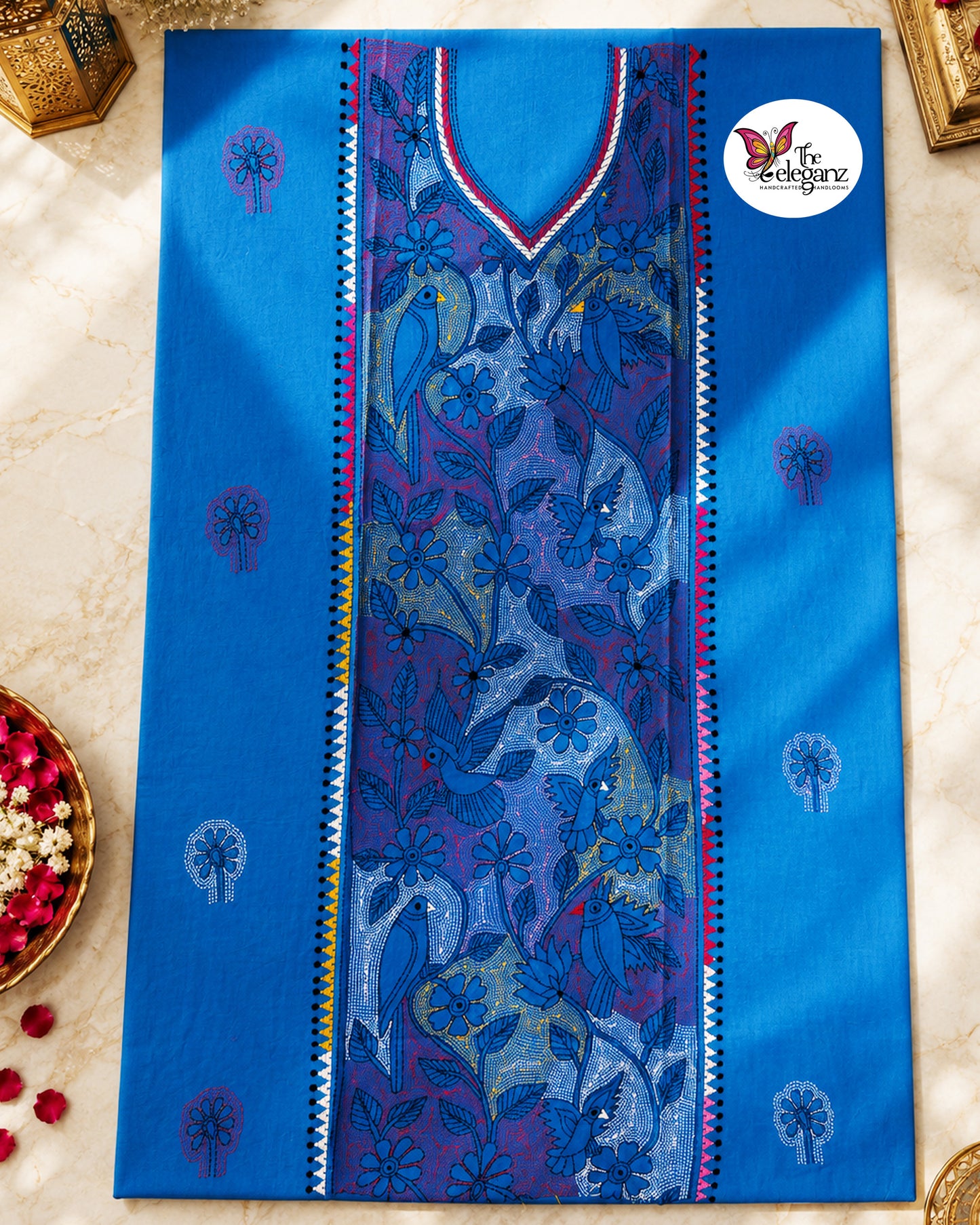 Neelanjana – Teal Blue Reverse Kantha Bird Motif Cotton Kurti Piece