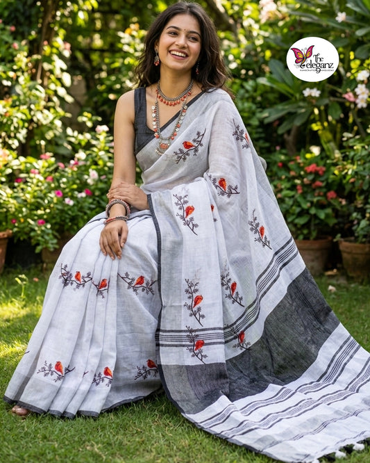 Raktapakshi – Embroidered Pure Linen Saree