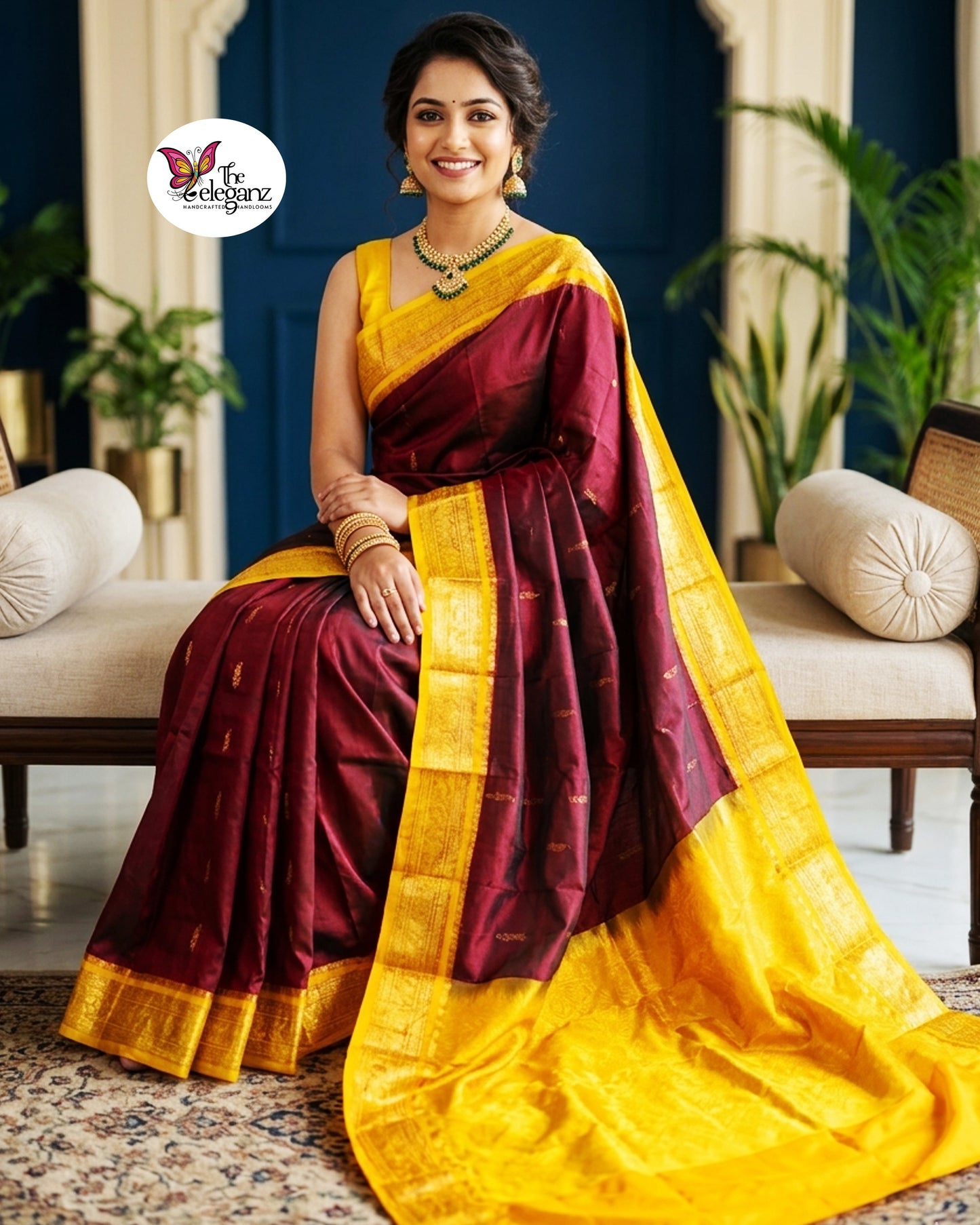 Usha - Maroon & Yellow Kanjivaram Pure Silk Saree