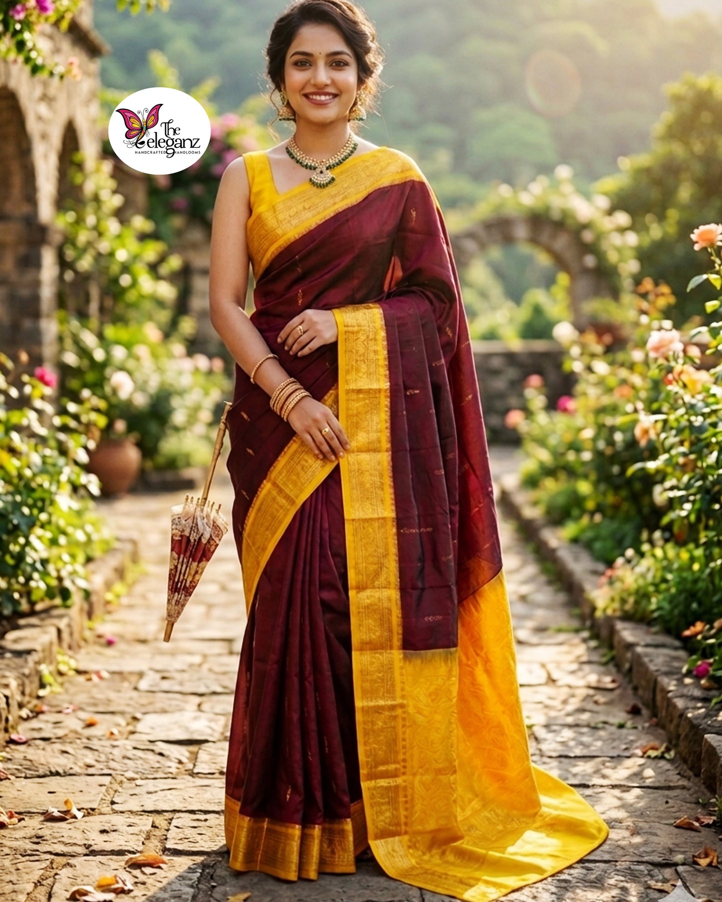 Usha - Maroon & Yellow Kanjivaram Pure Silk Saree