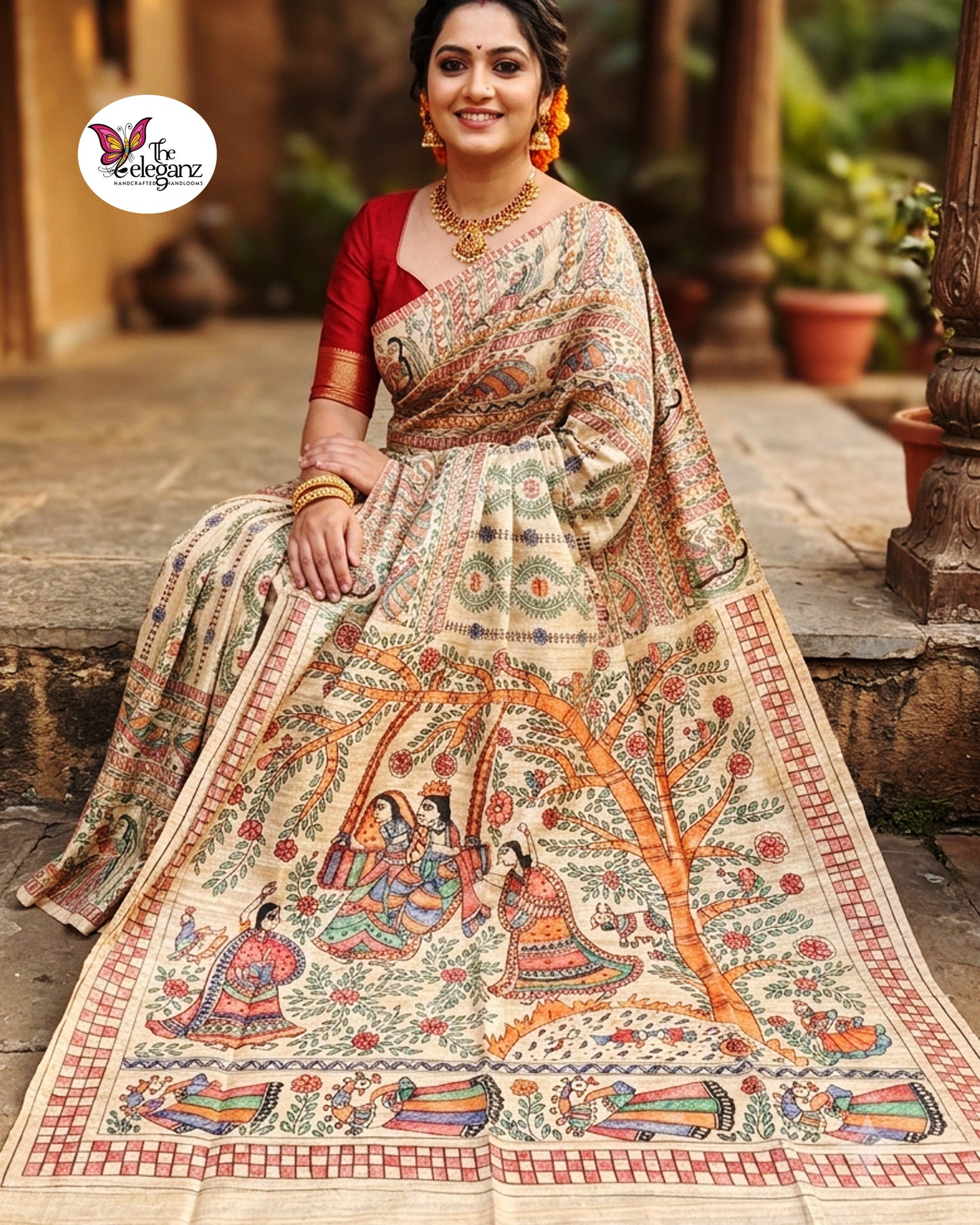 Jhulon - Hand-Painted Madhubani Ghicha Silk Saree