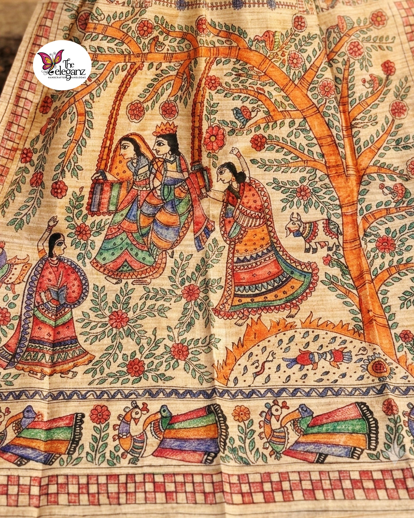 Jhulon - Hand-Painted Madhubani Ghicha Silk Saree