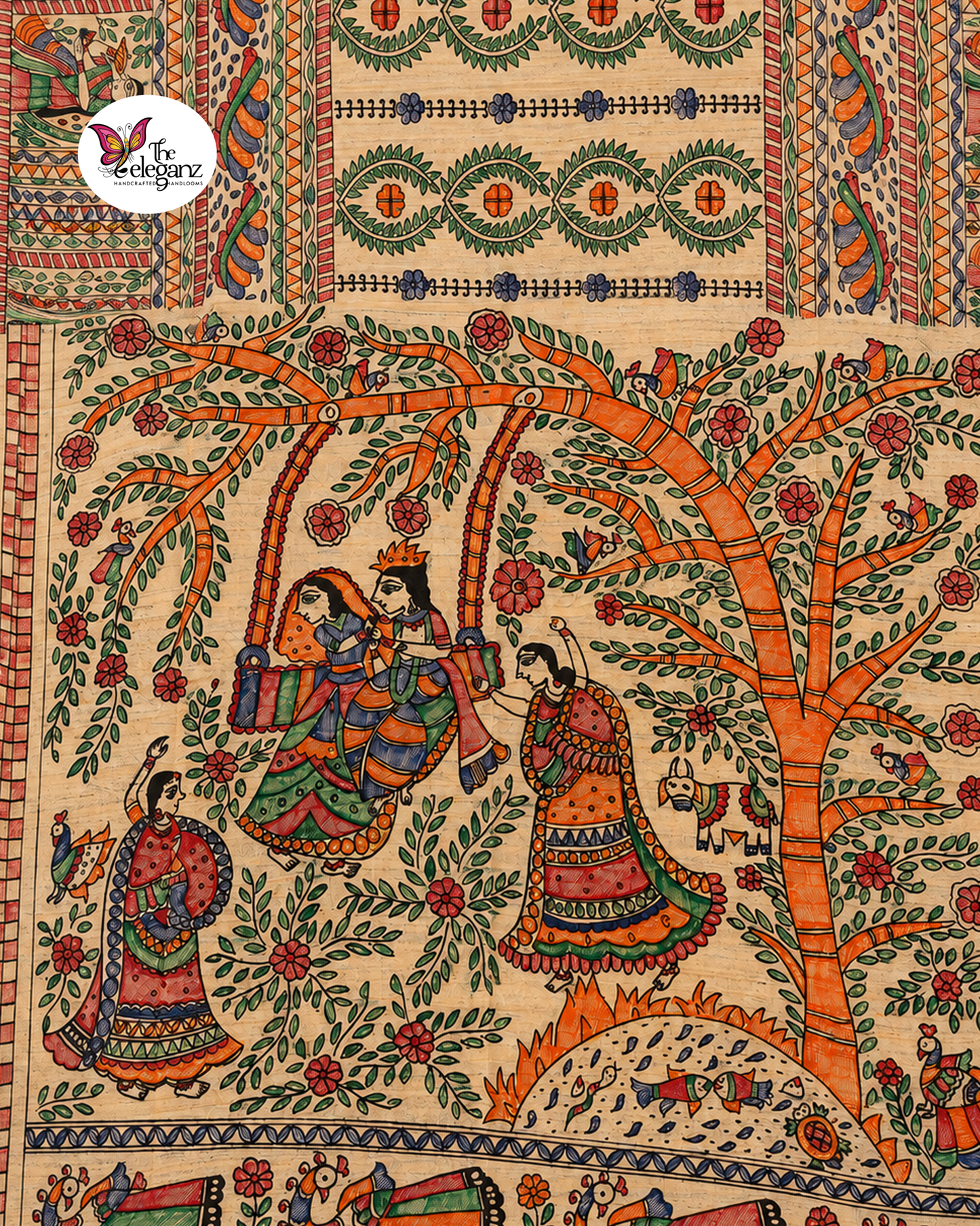 Jhulon - Hand-Painted Madhubani Ghicha Silk Saree