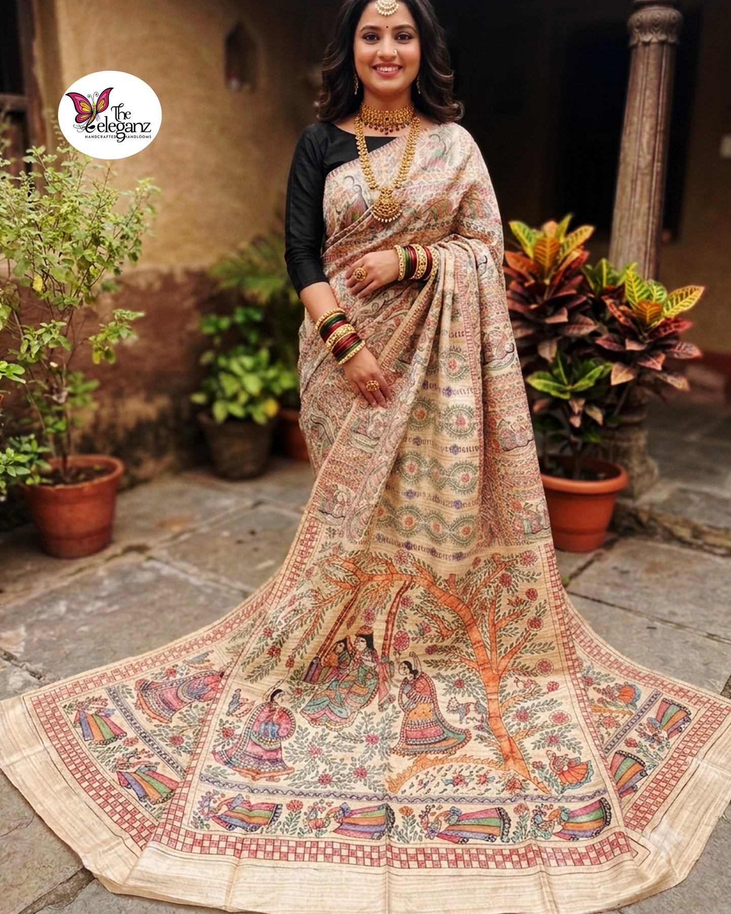 Jhulon - Hand-Painted Madhubani Ghicha Silk Saree