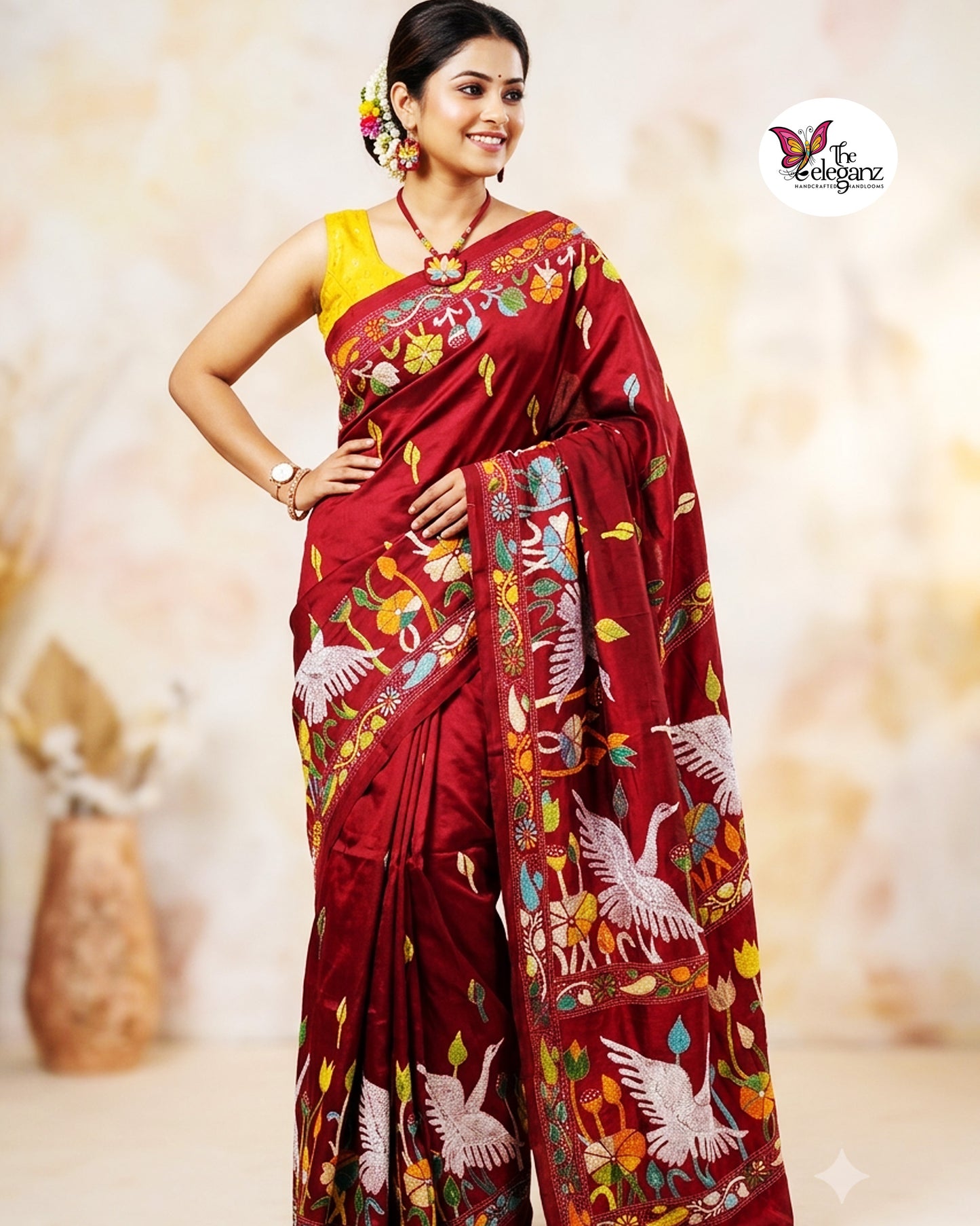 Chiriya – Maroon Kantha Stitch Saree