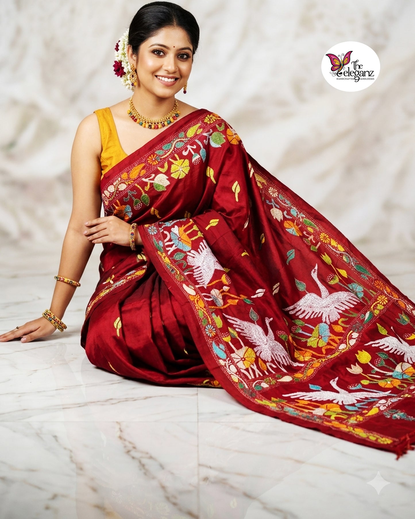 Chiriya – Maroon Kantha Stitch Saree