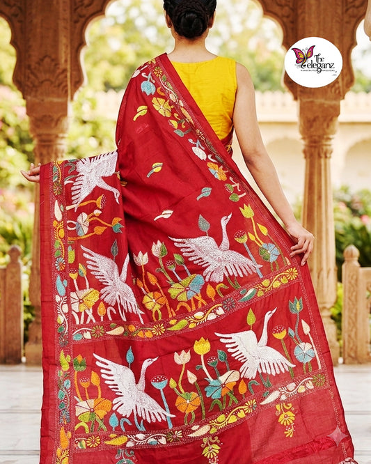 Chiriya – Maroon Kantha Stitch Saree