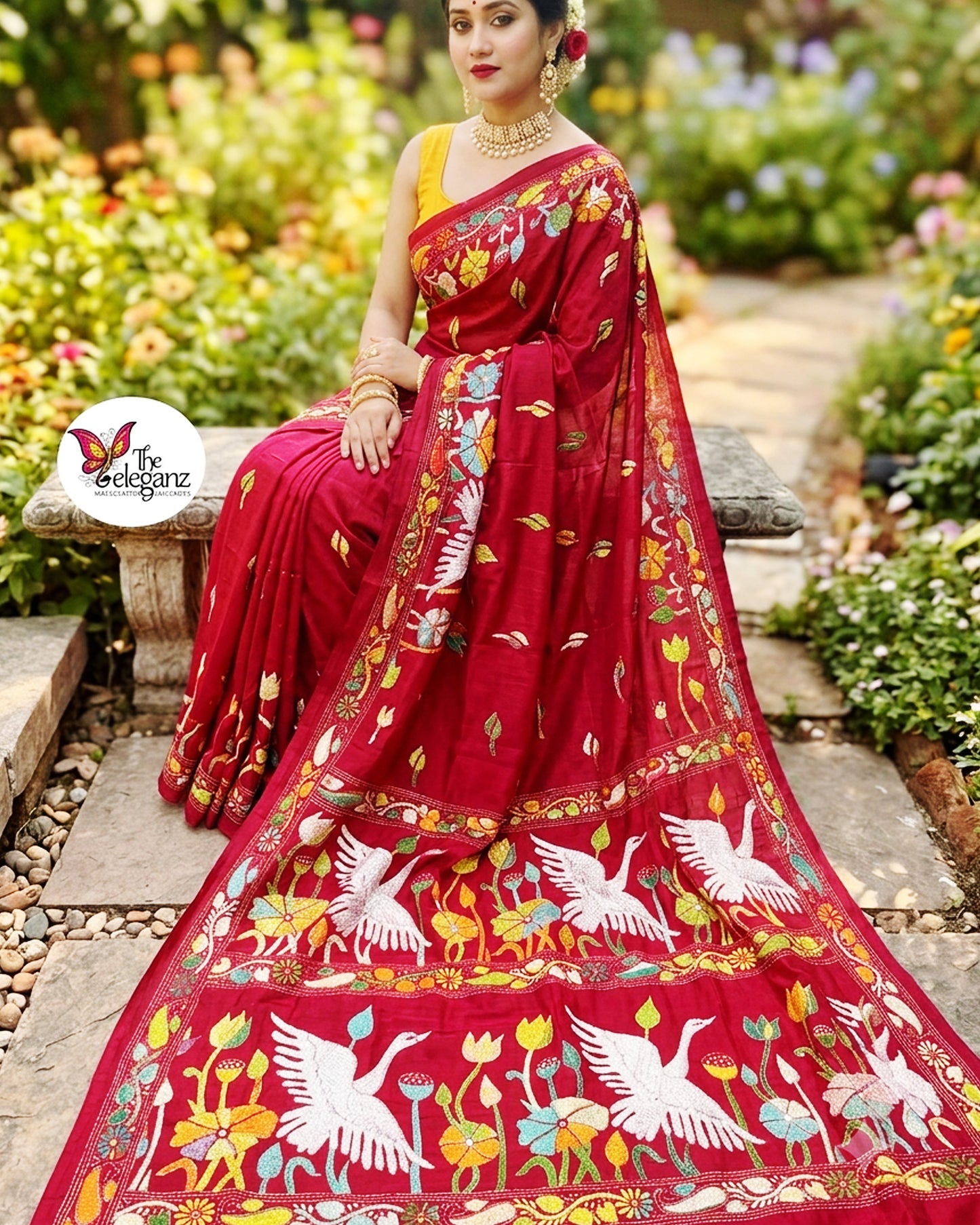 Chiriya – Maroon Kantha Stitch Saree